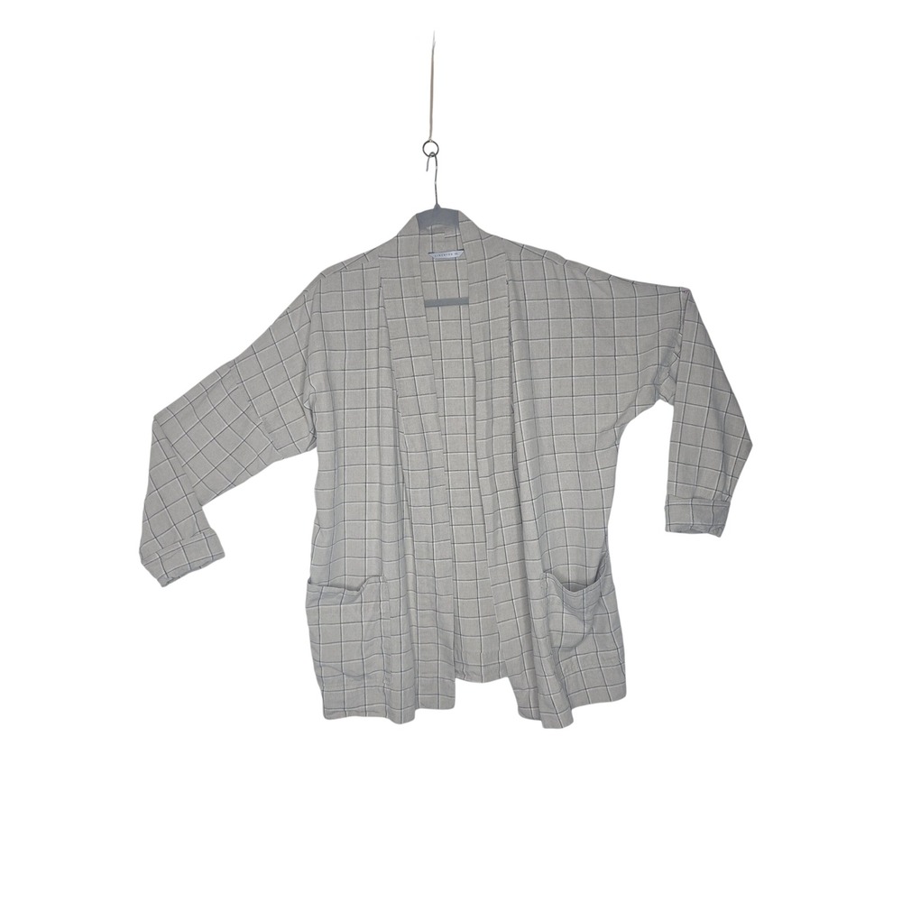 Linenfox XS Beige Black Windowpane Linen Open Front CardiganJacket Oversized Lux